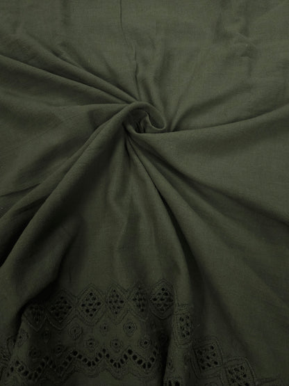 White Floral Cotton Kurta Fabric with Olive Green Cotton Schiffli Bottom