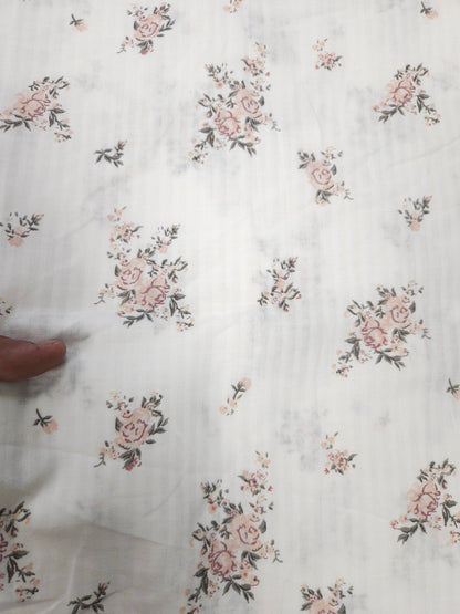 White Floral Cotton Kurta Fabric with Olive Green Cotton Schiffli Bottom