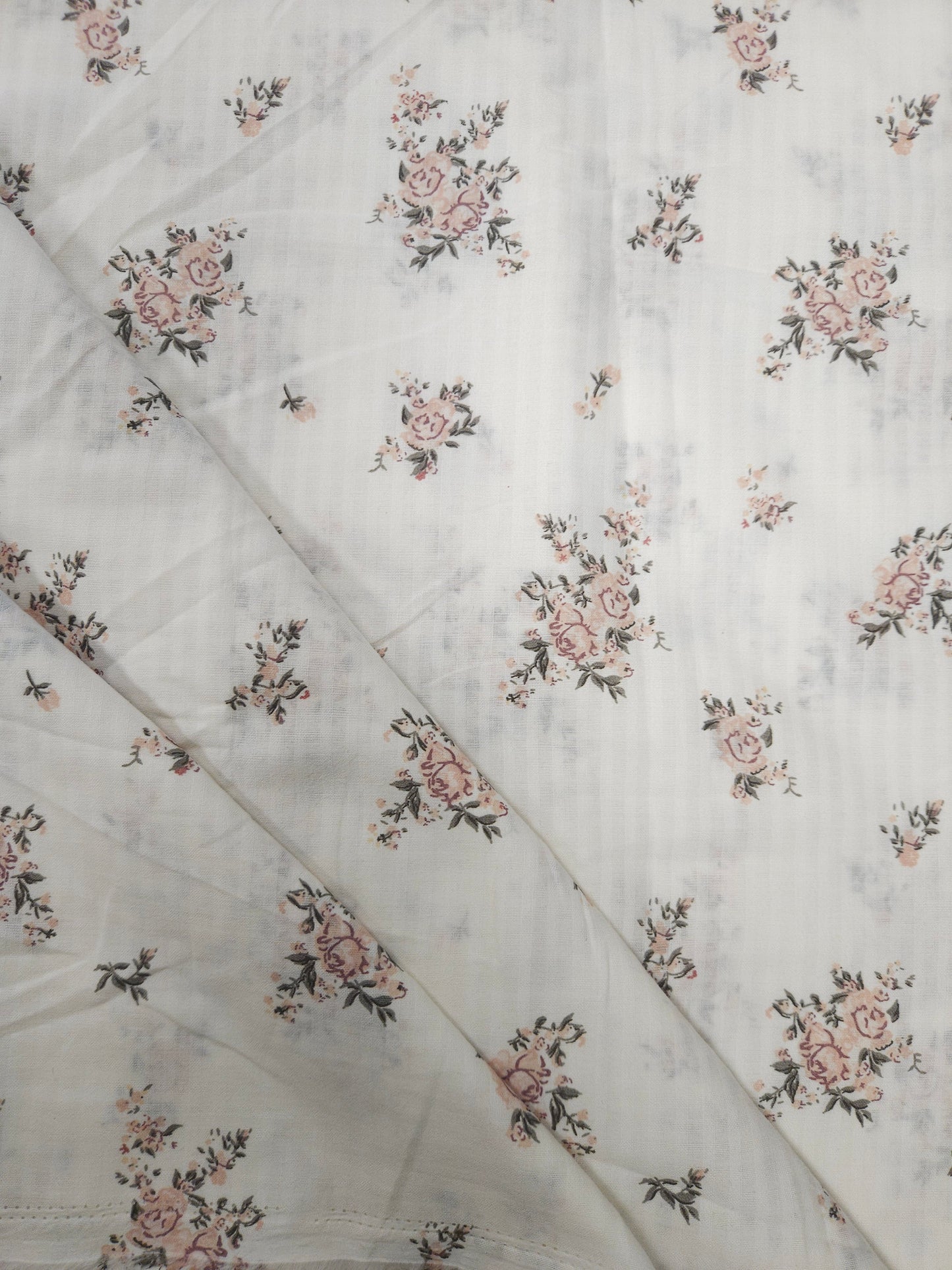 White Floral Cotton Kurta Fabric with Olive Green Cotton Schiffli Bottom