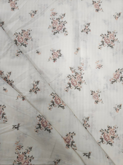 White Floral Cotton Kurta Fabric with Olive Green Cotton Schiffli Bottom