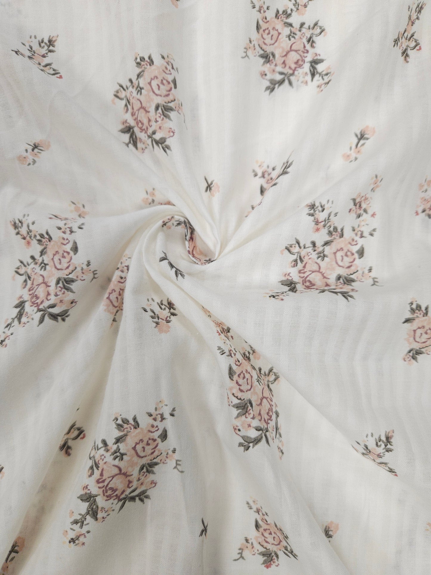 White Floral Cotton Kurta Fabric with Olive Green Cotton Schiffli Bottom