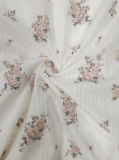 White Floral Cotton Kurta Fabric with Olive Green Cotton Schiffli Bottom