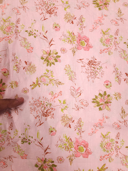 Pink Floral Self Print Cotton Kurta Fabric with Pink Cotton Linen Bottom