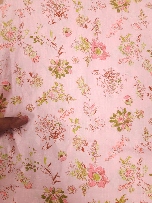 Pink Floral Self Print Cotton Kurta Fabric with Pink Cotton Linen Bottom
