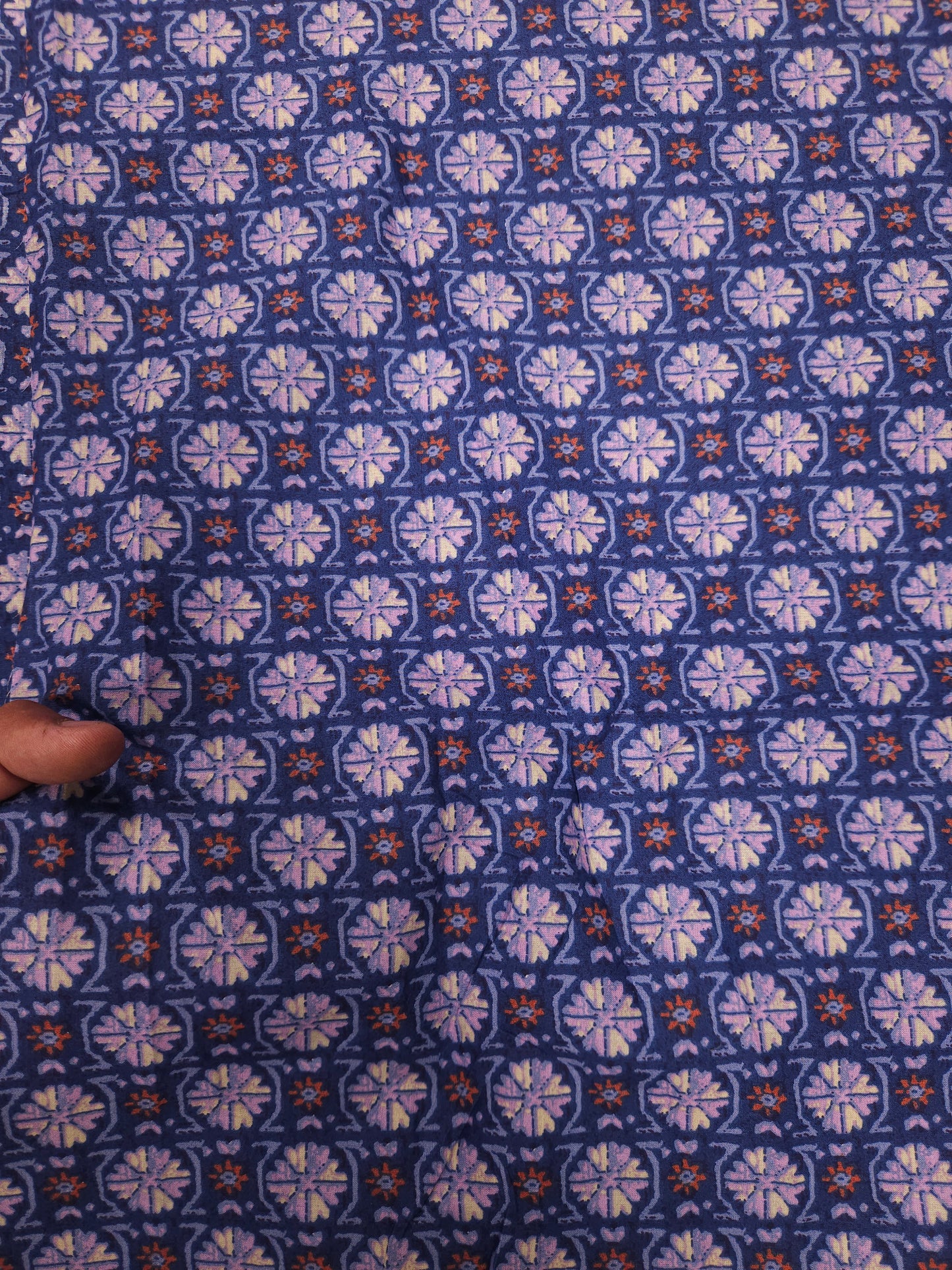 Navy Blue Printed Cotton Kurta Fabric with Rust Orange Cotton Linen Bottom