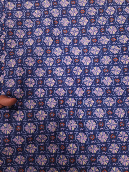 Navy Blue Printed Cotton Kurta Fabric with Rust Orange Cotton Linen Bottom
