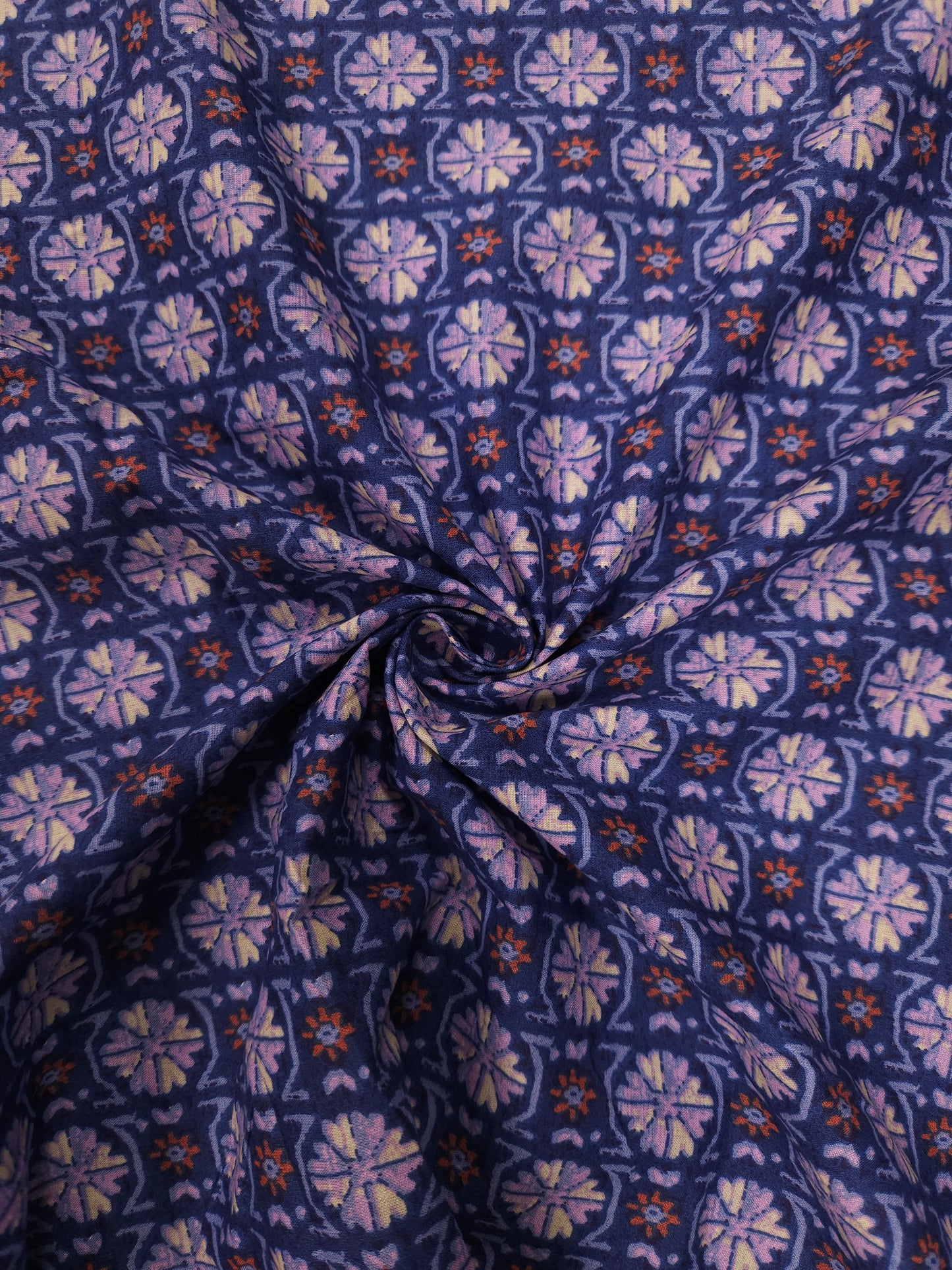 Navy Blue Printed Cotton Kurta Fabric with Rust Orange Cotton Linen Bottom