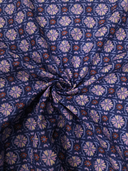 Navy Blue Printed Cotton Kurta Fabric with Rust Orange Cotton Linen Bottom