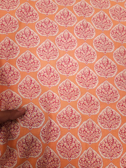 Peach Printed Cotton Linen Kurta Fabric with Maroon Cotton Bottom