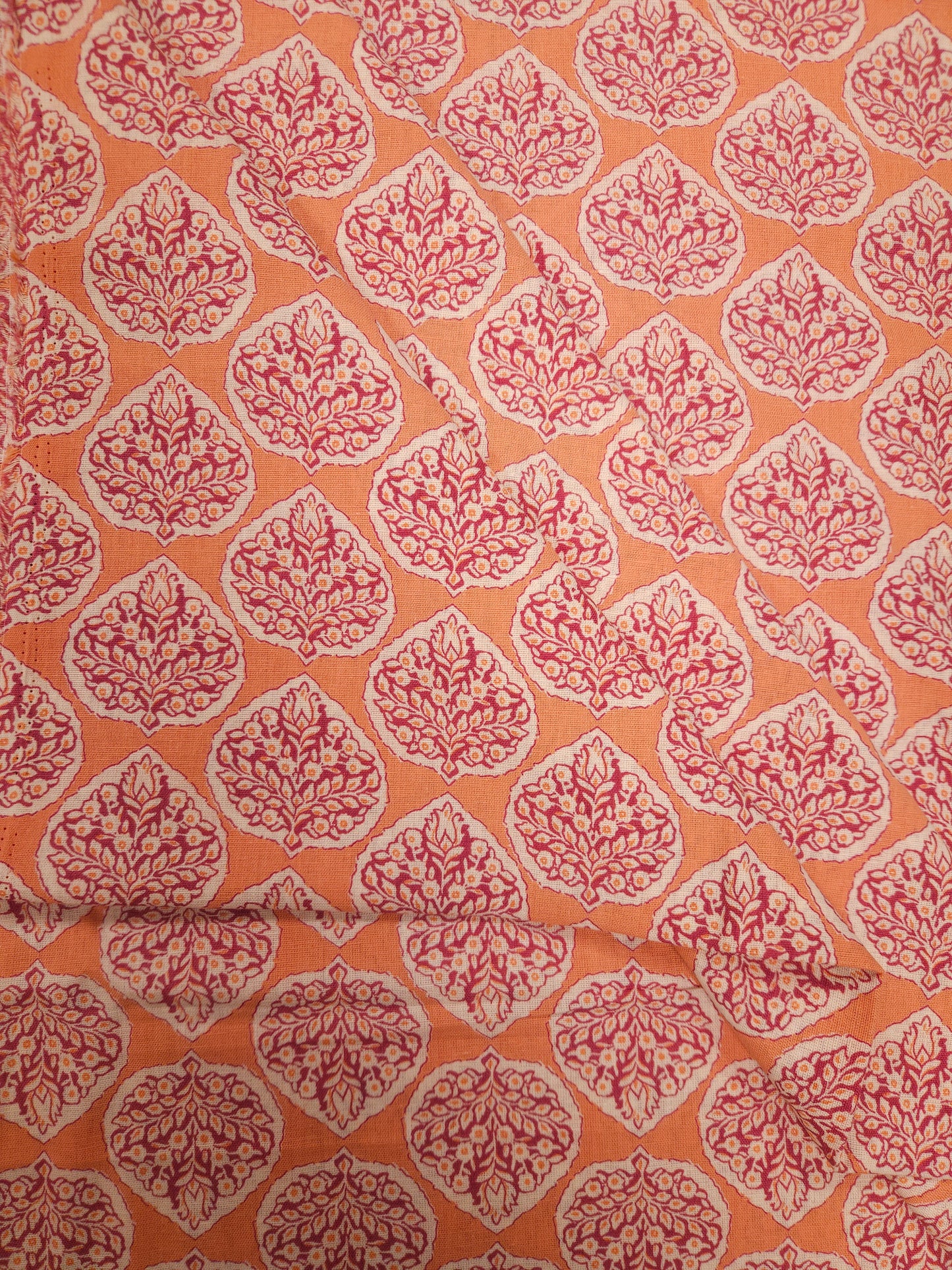 Peach Printed Cotton Linen Kurta Fabric with Maroon Cotton Bottom