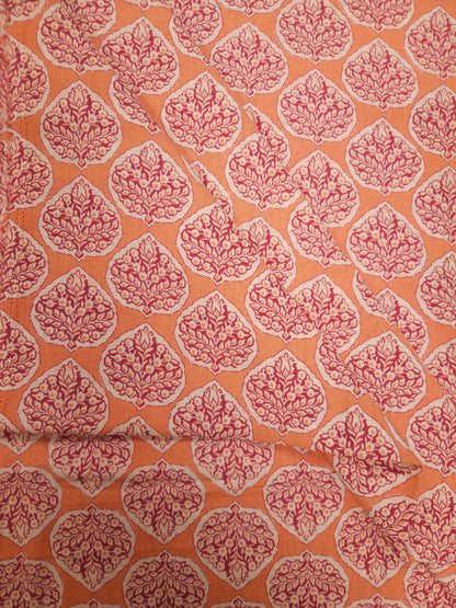 Peach Printed Cotton Linen Kurta Fabric with Maroon Cotton Bottom