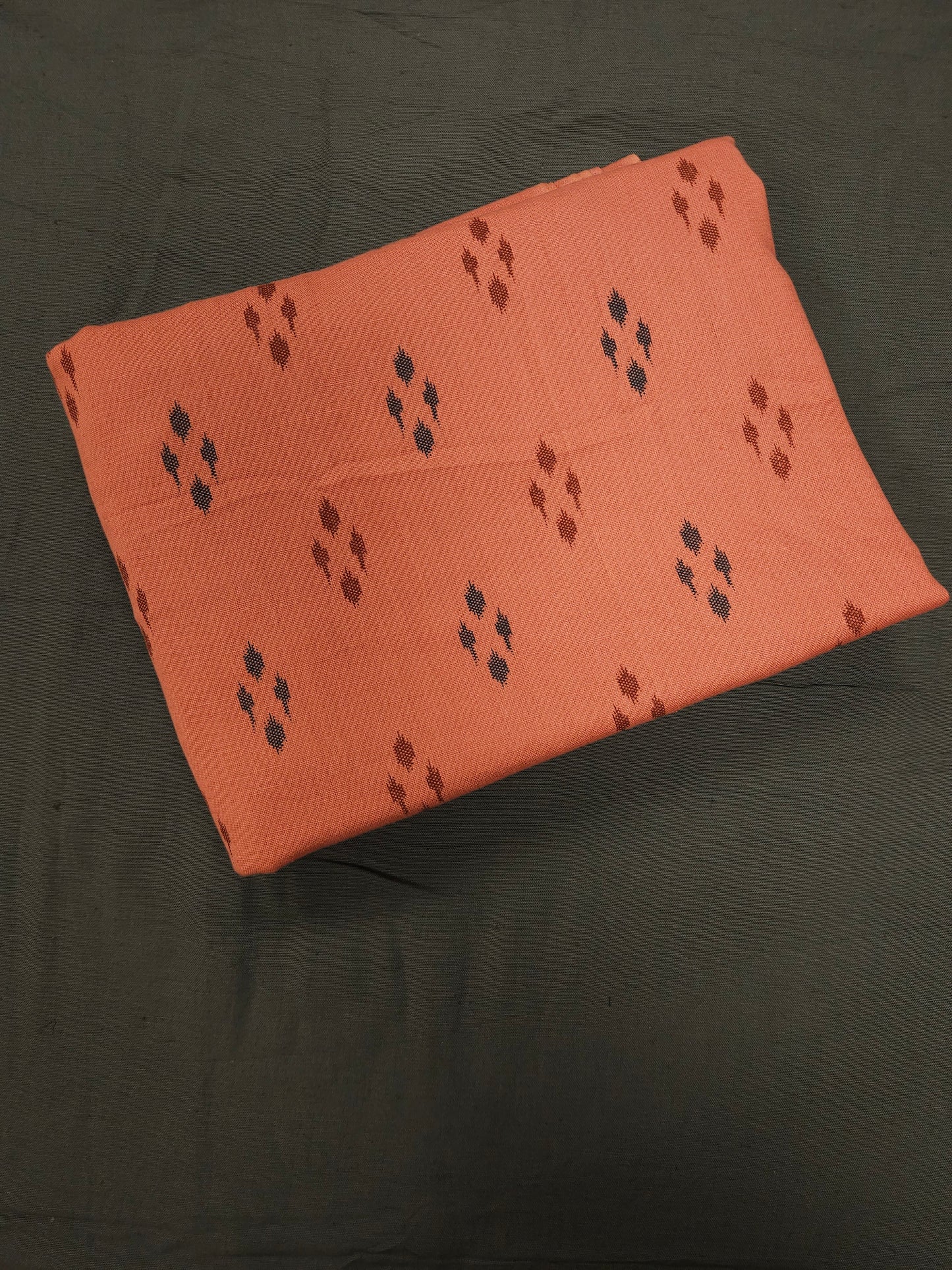 Rust Orange Ikat Print Cotton Linen Kurta Fabric with Olive Green Cotton Linen Bottom