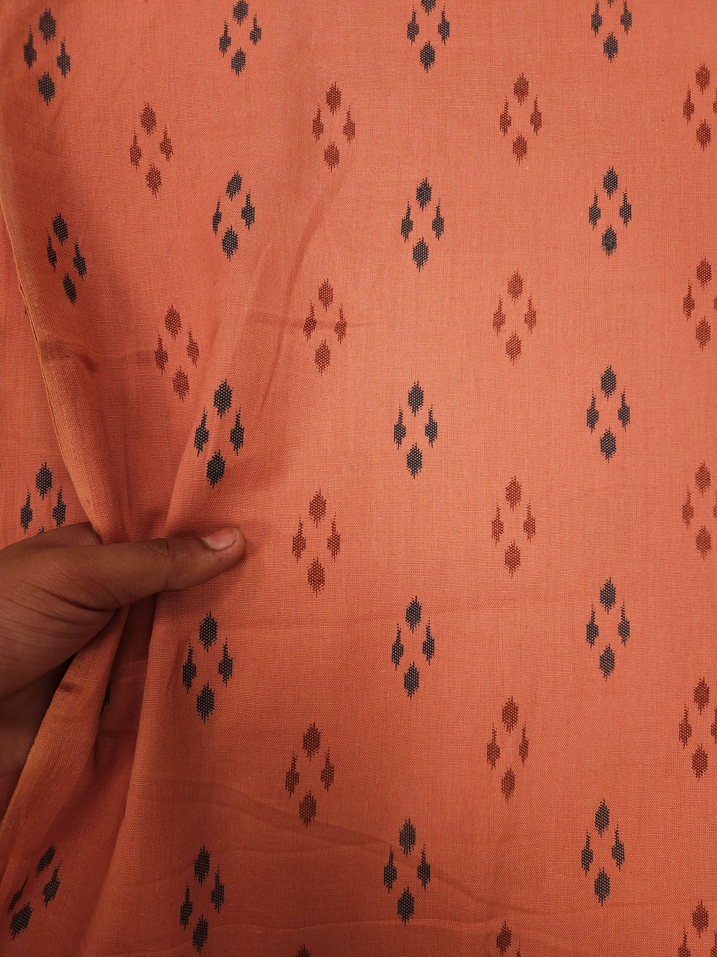 Rust Orange Ikat Print Cotton Linen Kurta Fabric with Olive Green Cotton Linen Bottom