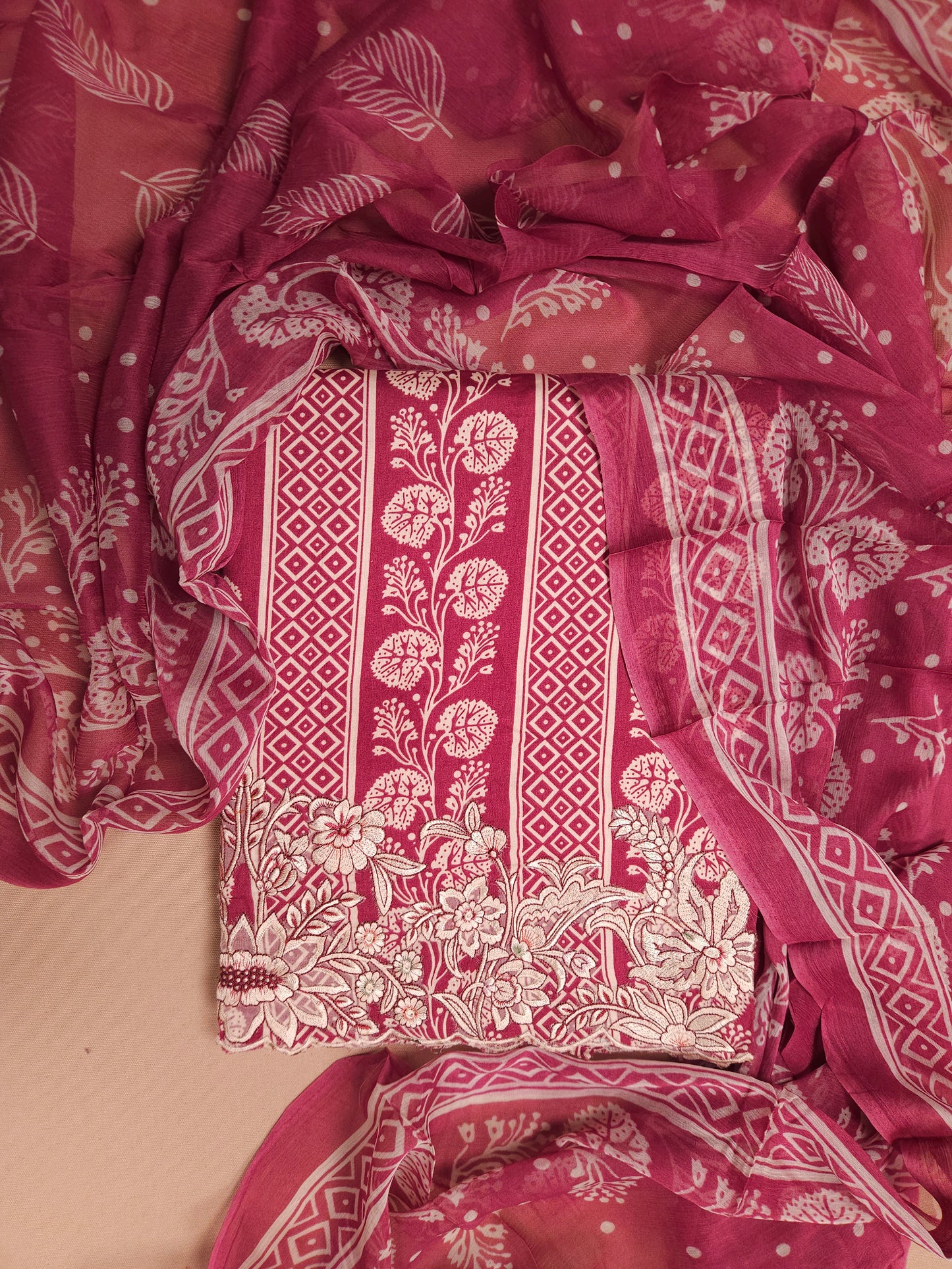 Rose Pink Cotton Suit Set with Pure Chiffon Dupatta