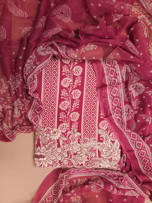 Rose Pink Cotton Suit Set with Pure Chiffon Dupatta