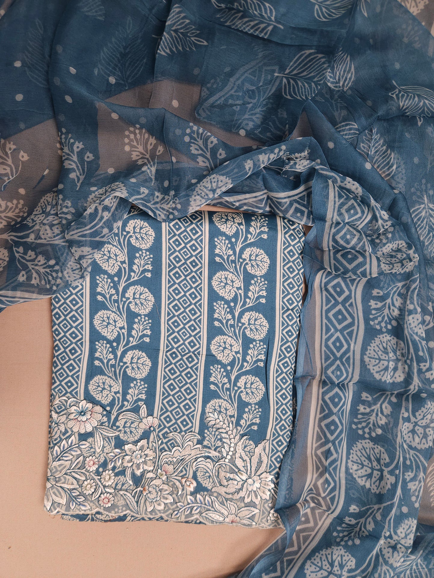 Dusty Blue Cotton Suit Set with Pure Chiffon Dupatta