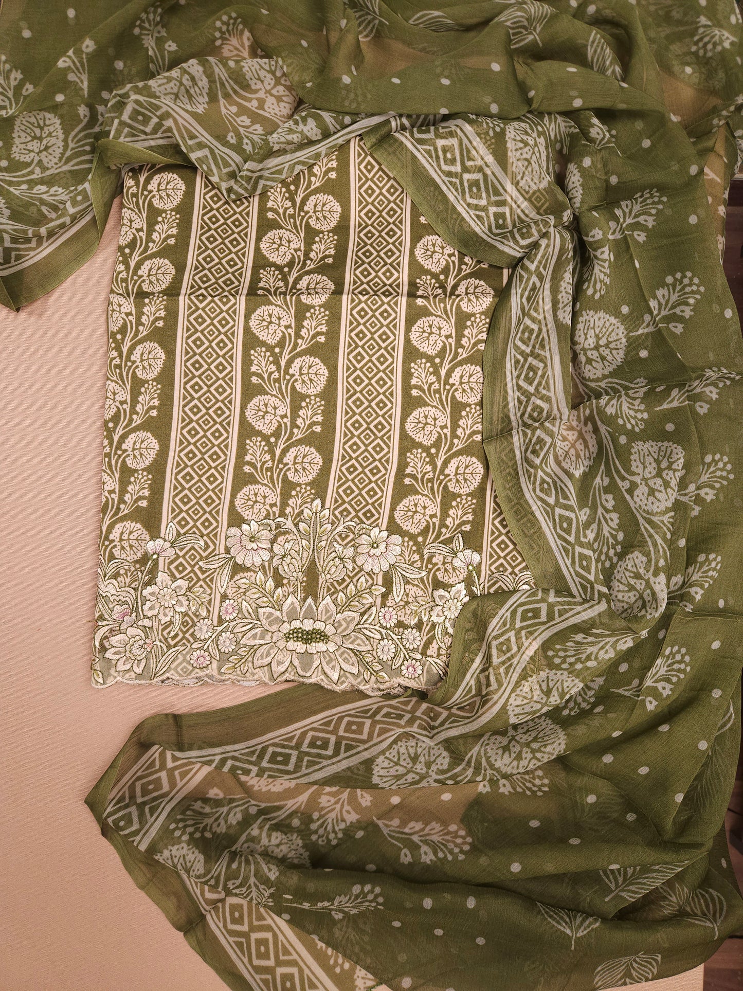 Olive Green Cotton Suit Set with Pure Chiffon Dupatta