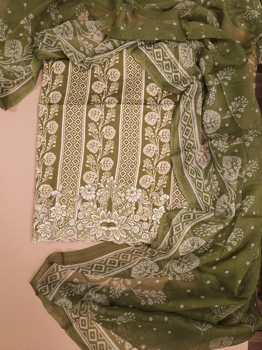 Olive Green Cotton Suit Set with Pure Chiffon Dupatta