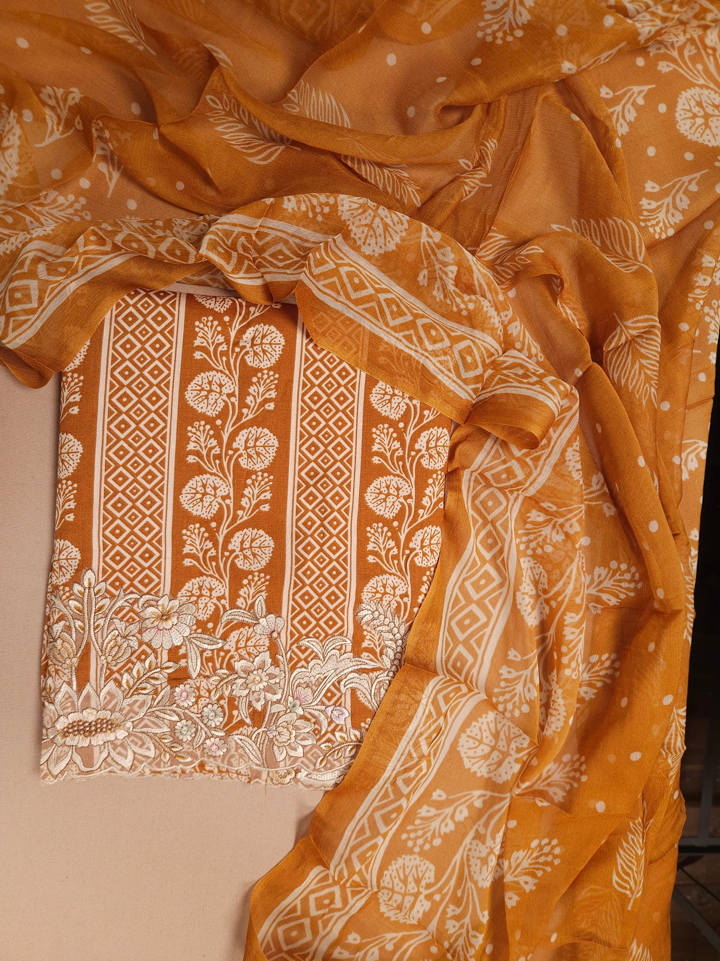 Mustard Yellow Cotton Suit Set with Pure Chiffon Dupatta