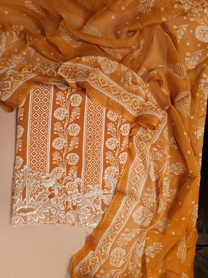 Mustard Yellow Cotton Suit Set with Pure Chiffon Dupatta