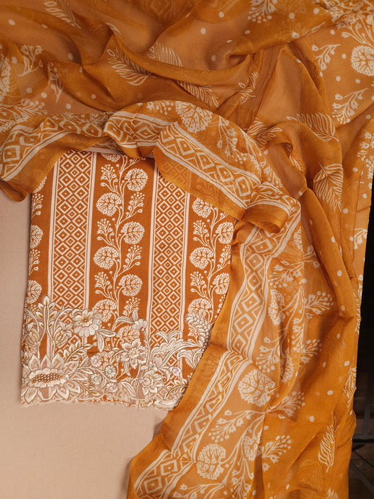 Mustard Yellow Cotton Suit Set with Pure Chiffon Dupatta