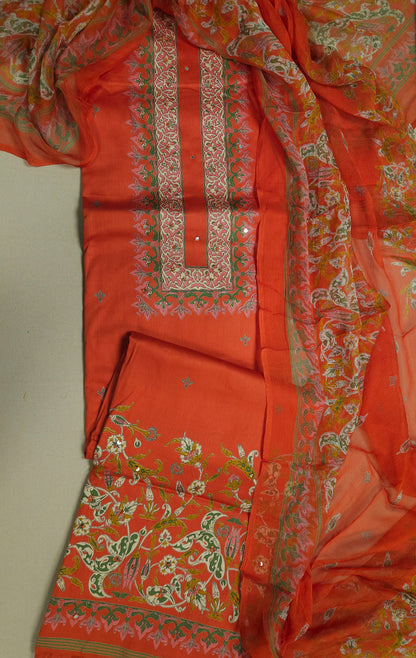 Coral Orange Cotton Suit Set with Pure Chiffon Dupatta