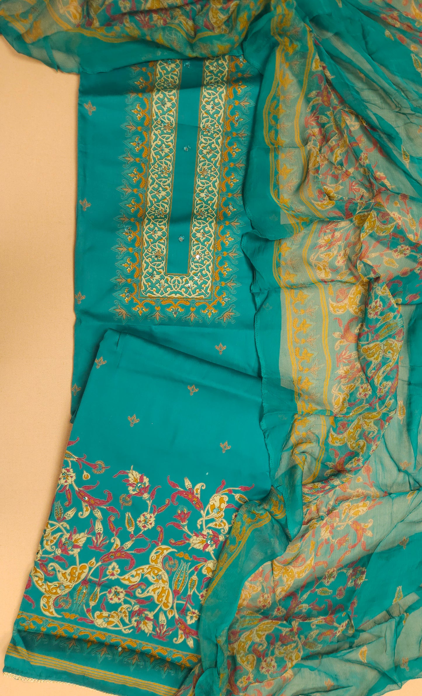 Turquoise Blue Cotton Suit Set with Pure Chiffon Dupatta