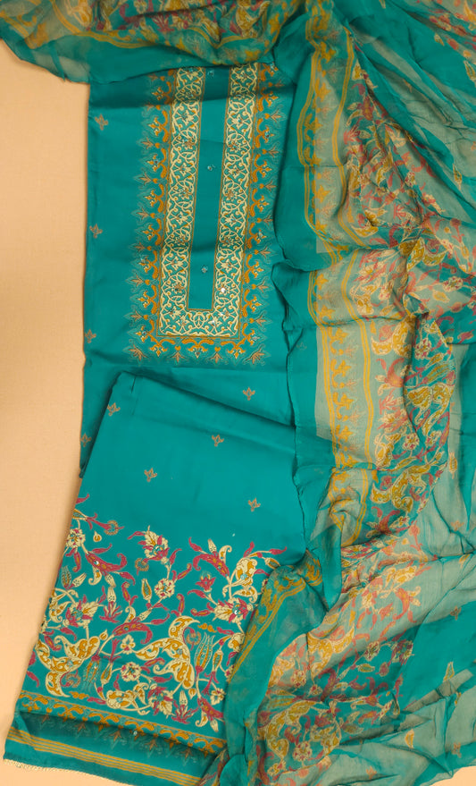Turquoise Blue Cotton Suit Set with Pure Chiffon Dupatta