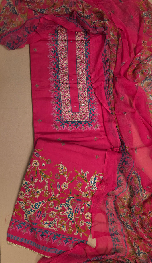 Rani Pink Cotton Suit Set with Pure Chiffon Dupatta