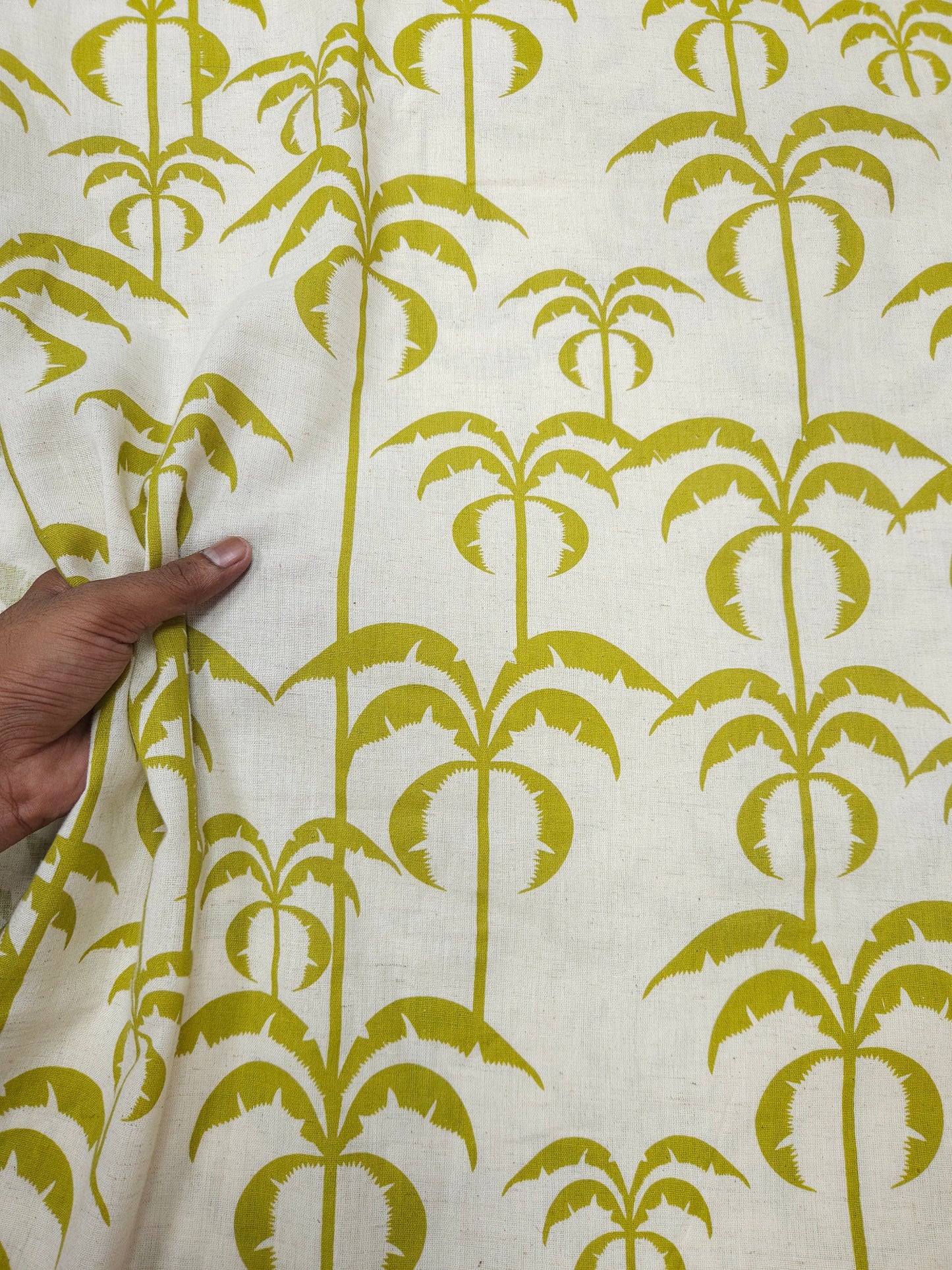 Tropical Palm Tree Print Cotton Linen Fabric – Lime Green