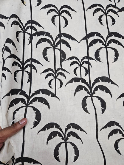 Monochrome Tropical Print Cotton Linen Fabric – Black