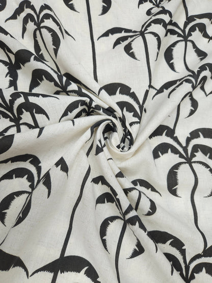 Monochrome Tropical Print Cotton Linen Fabric – Black