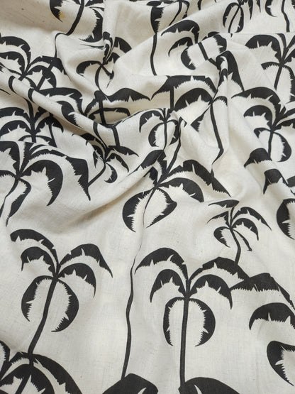 Monochrome Tropical Print Cotton Linen Fabric – Black