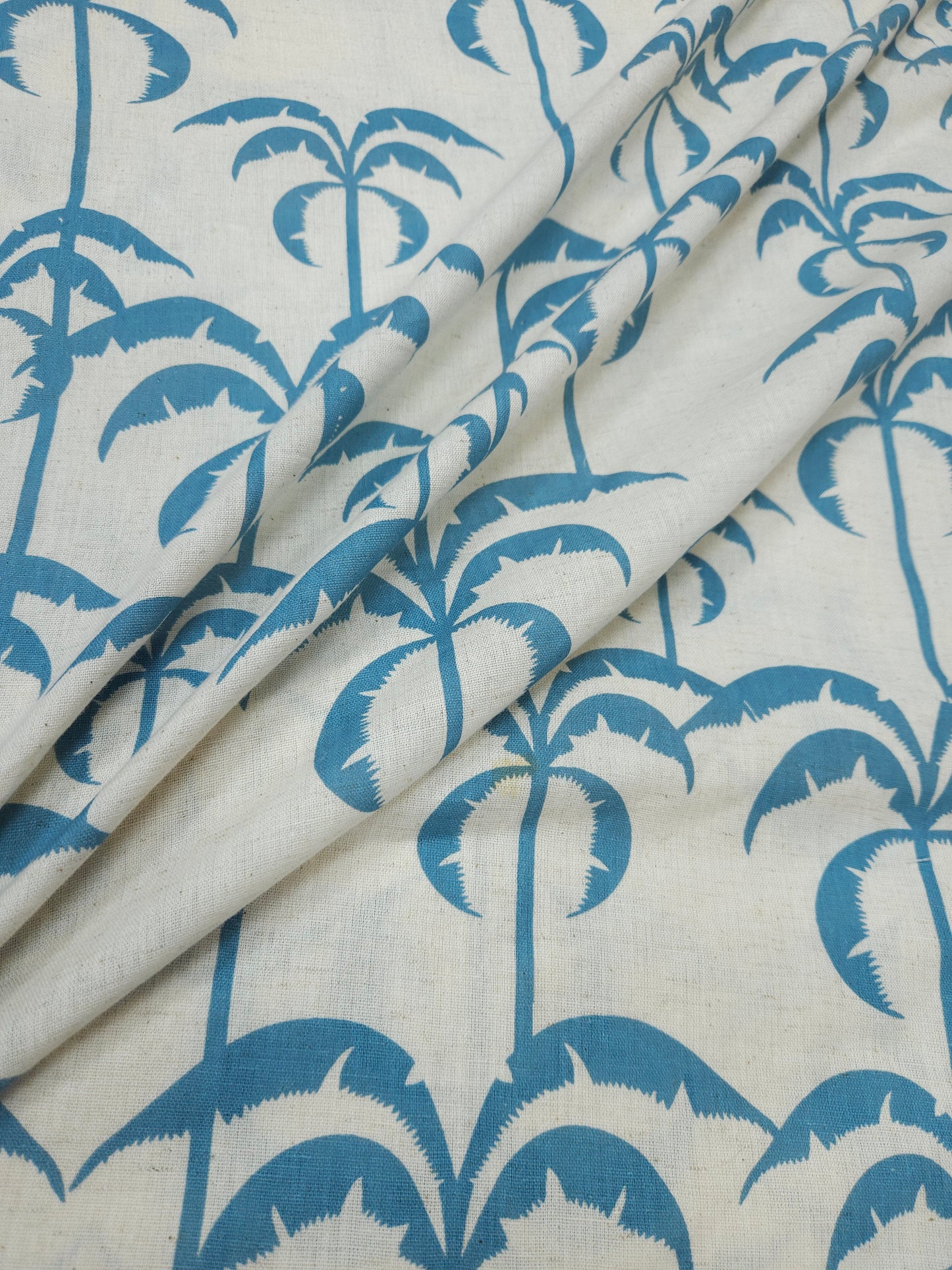 Coastal Palm Tree Print Cotton Linen Fabric – Sky Blue