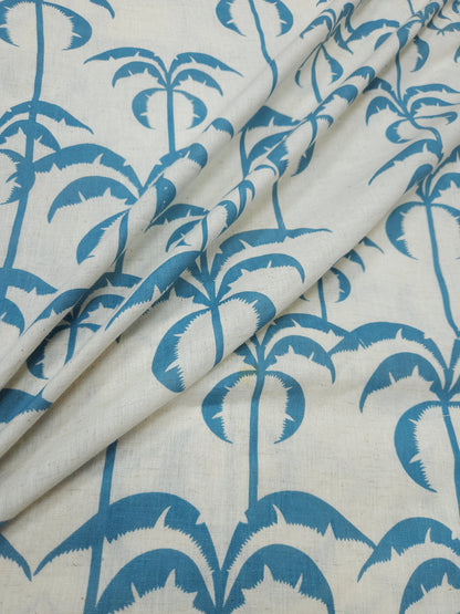 Coastal Palm Tree Print Cotton Linen Fabric – Sky Blue