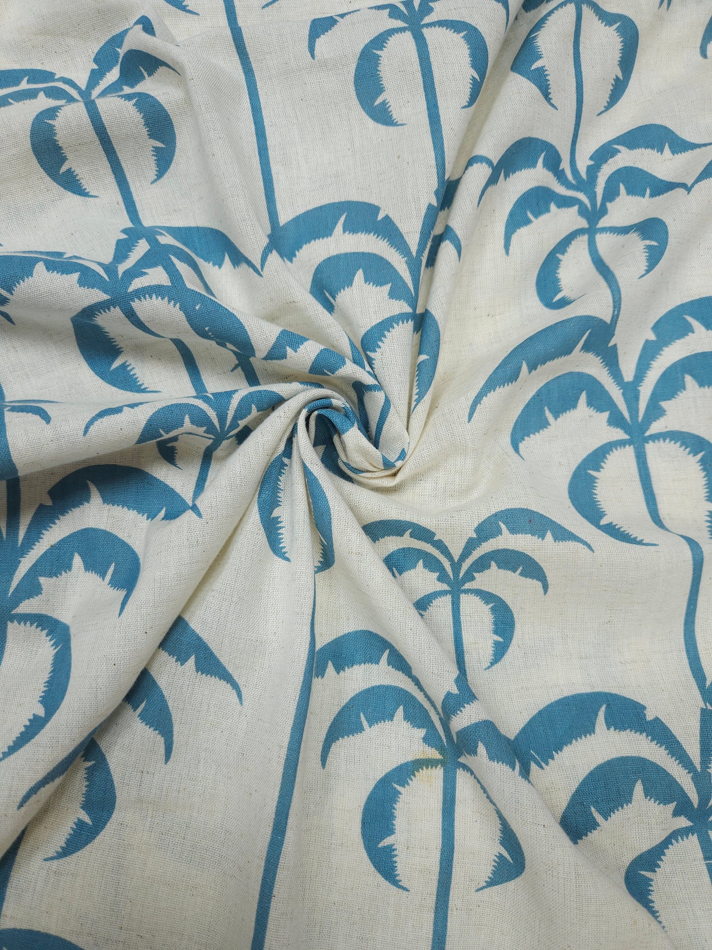 Coastal Palm Tree Print Cotton Linen Fabric – Sky Blue