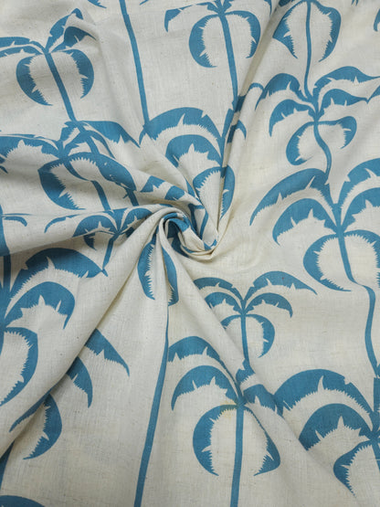 Coastal Palm Tree Print Cotton Linen Fabric – Sky Blue