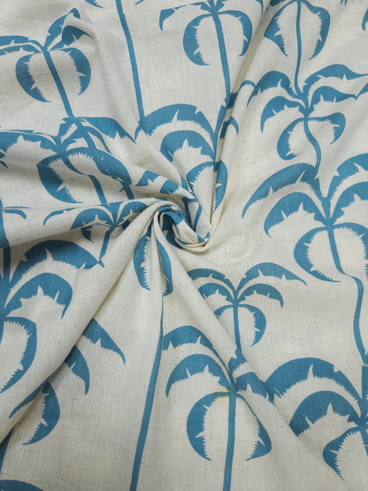 Coastal Palm Tree Print Cotton Linen Fabric – Sky Blue