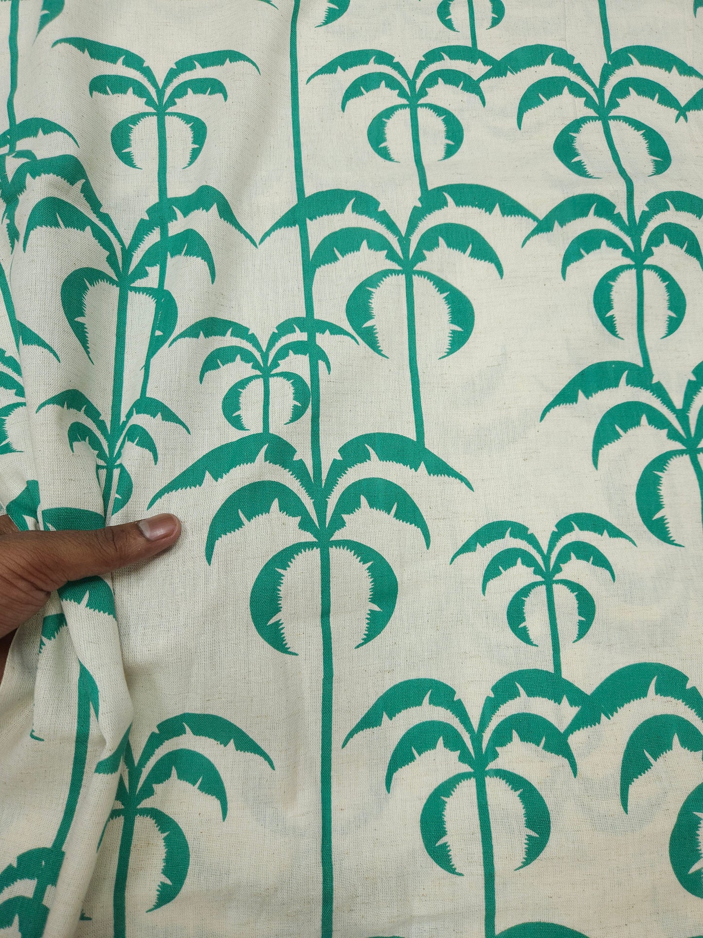 Tropical Coconut Palm Print Cotton Linen Fabric – Aqua Green