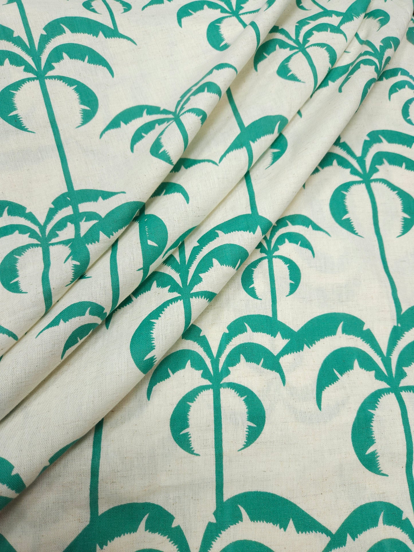 Tropical Coconut Palm Print Cotton Linen Fabric – Aqua Green
