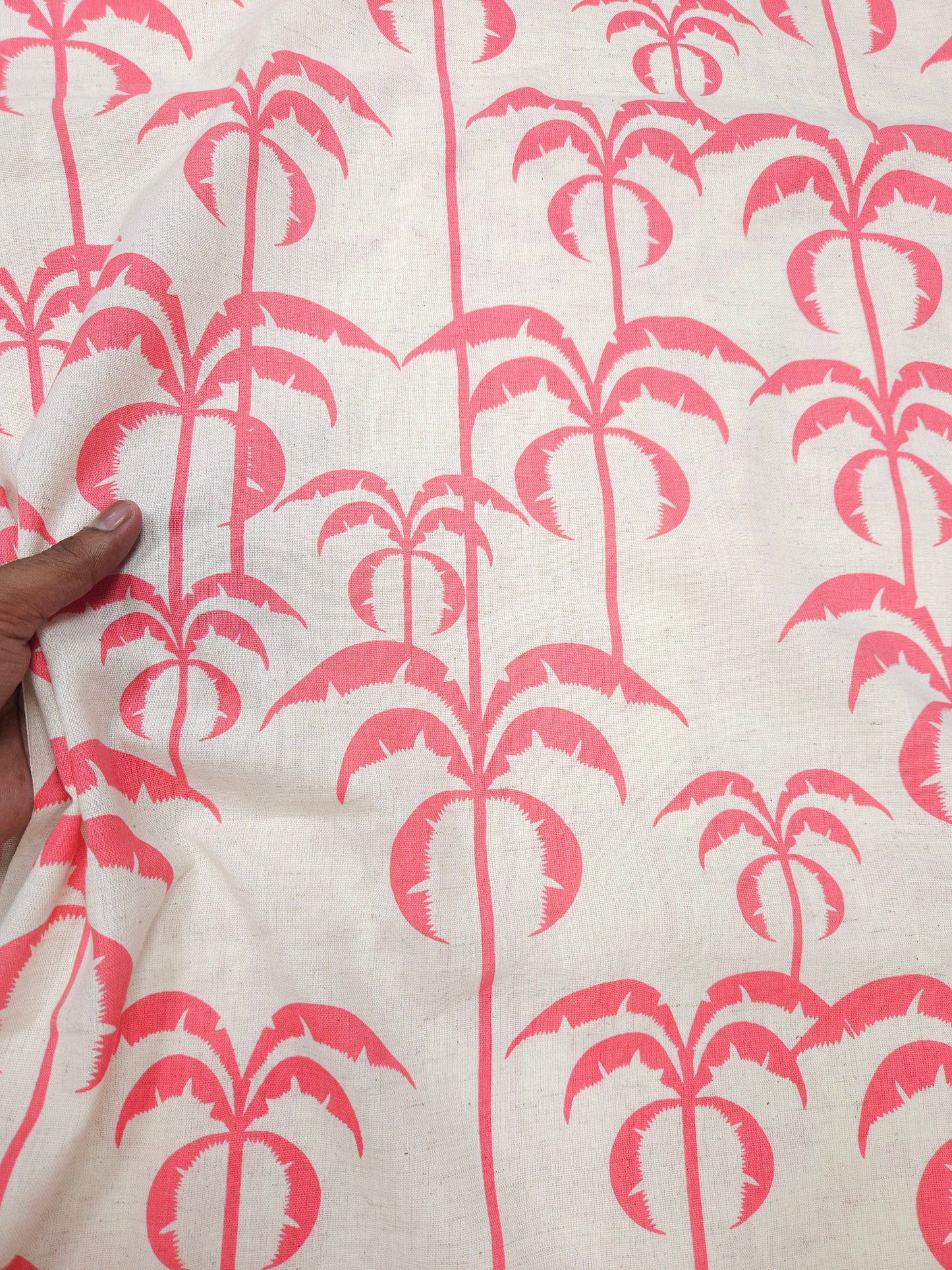 Summer Palm Tree Print Cotton Linen Fabric – Coral Pink