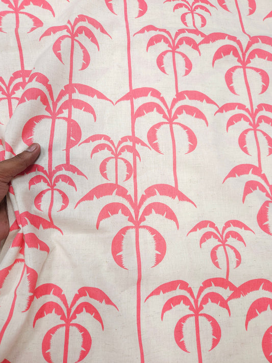 Summer Palm Tree Print Cotton Linen Fabric – Coral Pink