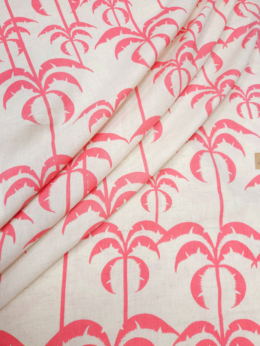 Summer Palm Tree Print Cotton Linen Fabric – Coral Pink