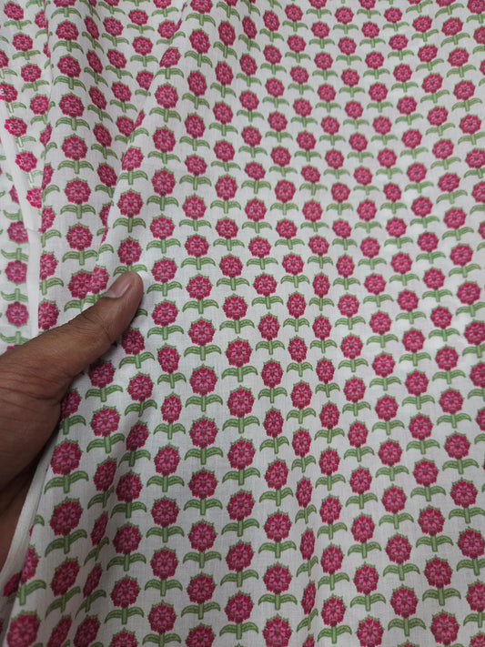 White Pink Floral Block Print Cotton Fabric