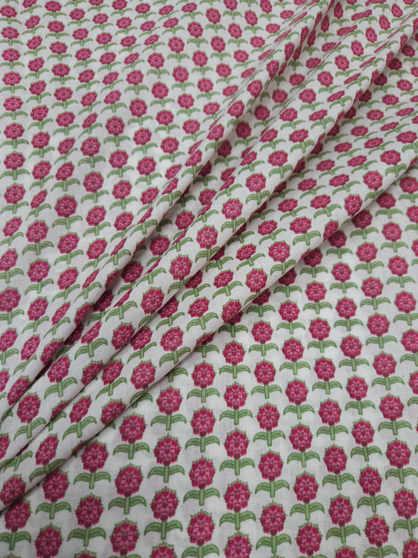 White Pink Floral Block Print Cotton Fabric