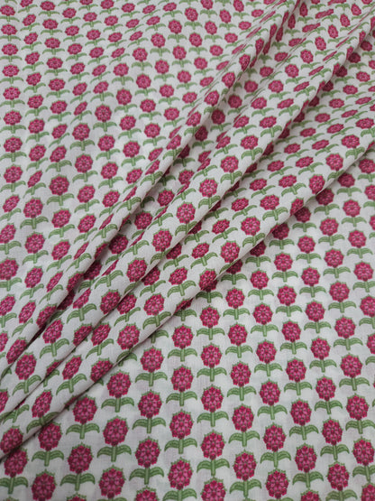 White Pink Floral Block Print Cotton Fabric