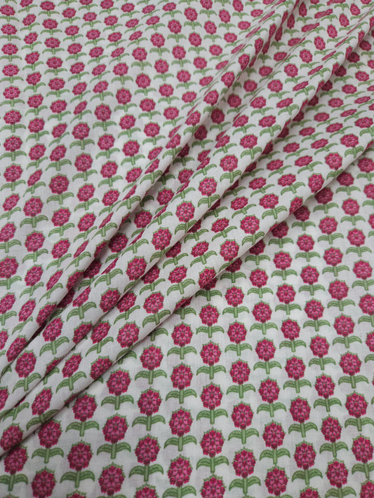 White Pink Floral Block Print Cotton Fabric