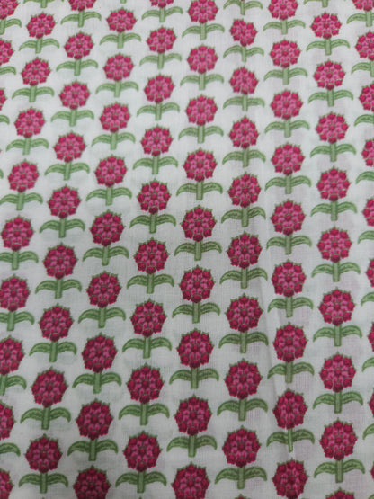 White Pink Floral Block Print Cotton Fabric
