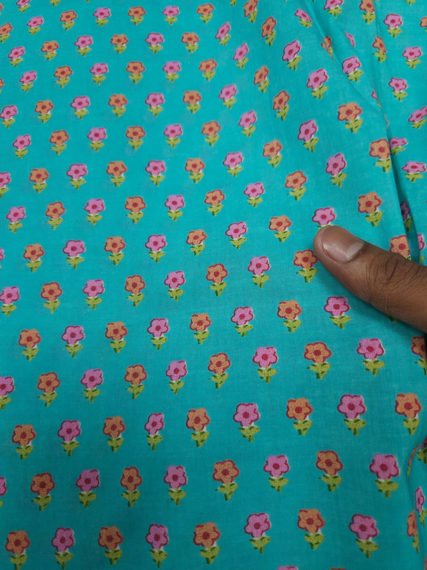 Turquoise Floral Cotton Suit Set With Printed Bottom