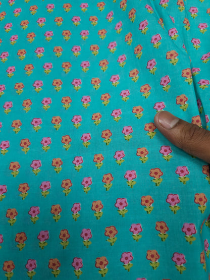Turquoise Floral Cotton Suit Set With Printed Bottom